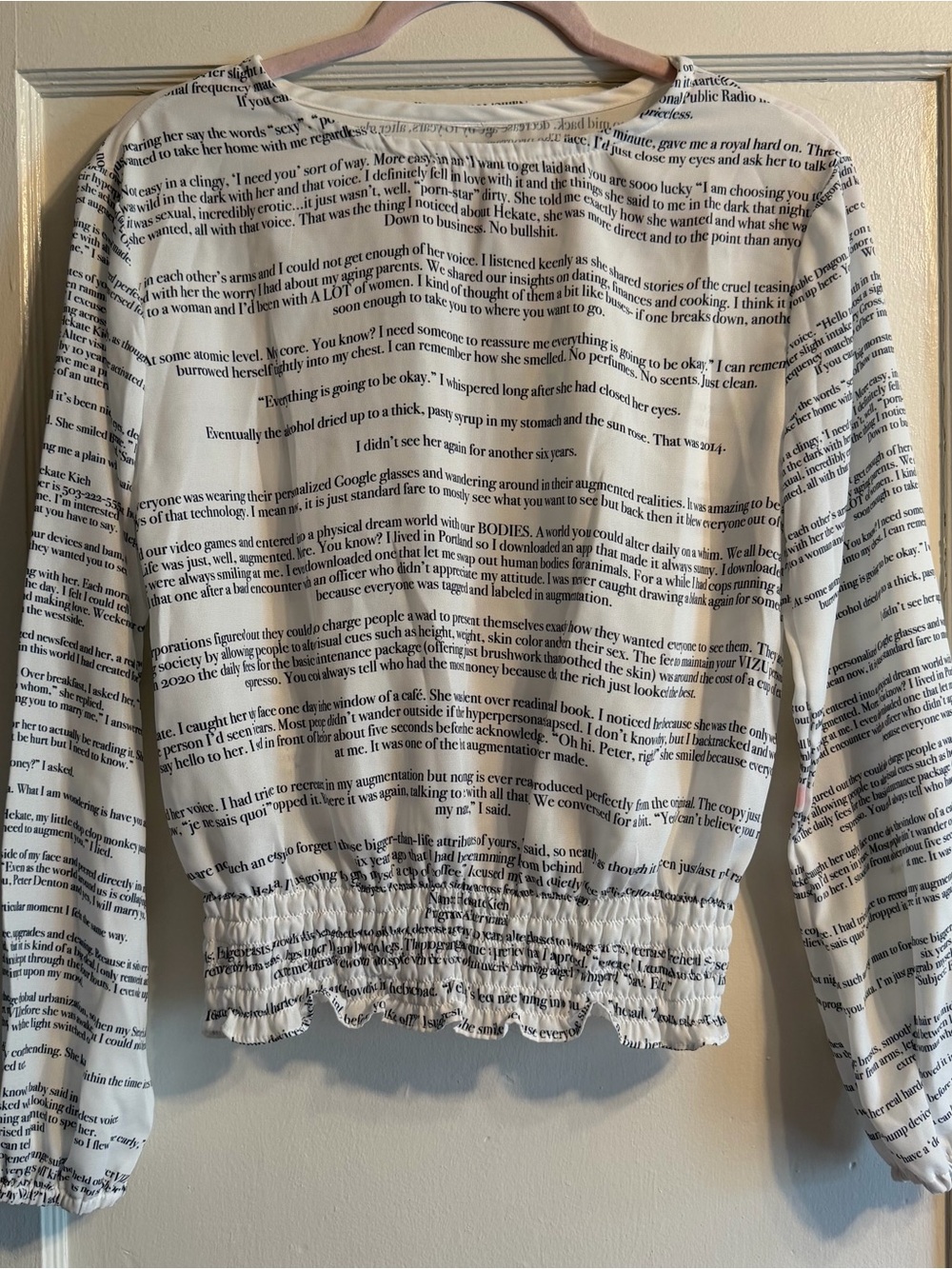OOAK Sheer White Long-Sleeve Text Printed Top